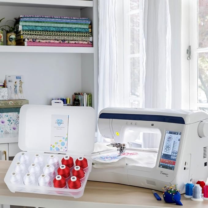 Simthread Machine Embroidery Thread 1000M White 001 + Red 800, with Storage Box Polyester 15 Spools Set for Embroidery Quilting Machine