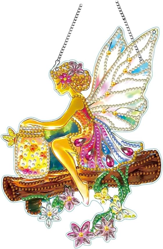 hyzsj DIY Hanging Diamond Art Pendant Painting Kit,Acrylic 5D Fairy Painting Window Pendants, Special Crystal Gem Craft Painting Kit Ornament 8.3x9.4inch