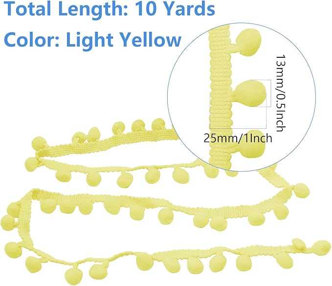 Homiest 10 Yards Pom Pom Trim for Sewing, 1 Inch Wide Light Yellow Ribbon Bundles Textured Fabric Fringe Ribbon, 13mm Ball Pompom Trim for DIY Crafts Curtain Clothes Pillow Home Decoration
