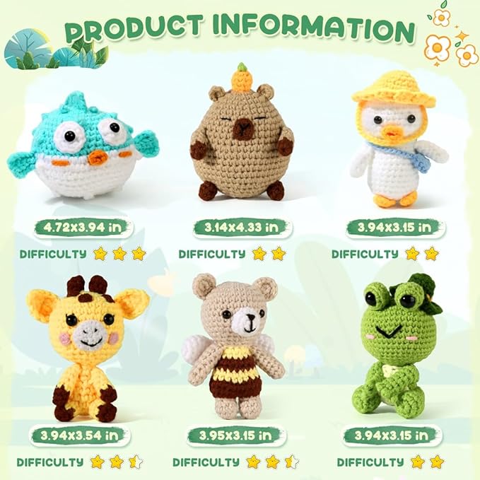 6Pcs Crochet Kit for Beginners, DIY Crochet Kit For Adults, Crochet Animal Kits with Step by Step Videos Tutorials, Yarn Crochet Hook Great Birthday Holiday Gift, DIY Keychain Pendants (Set-03)