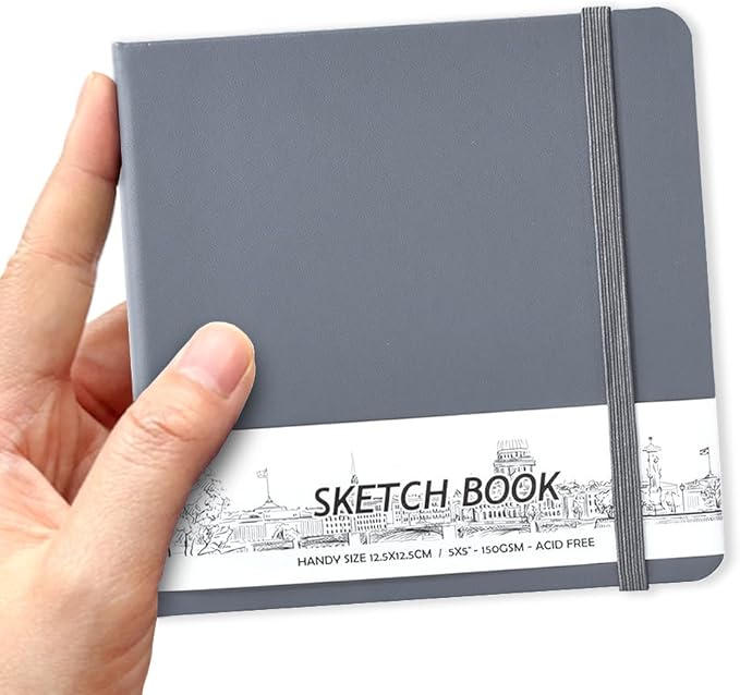 5" x 5" Hardcover Sketch Book,Small Mixed Media Sketch Pad,58 Sheets 150GSM Acid-Free Artist Drawing Paper,Travel Journal Blank Notebook for Adults Painting,Illustration,Art Supplies.Dark Grey