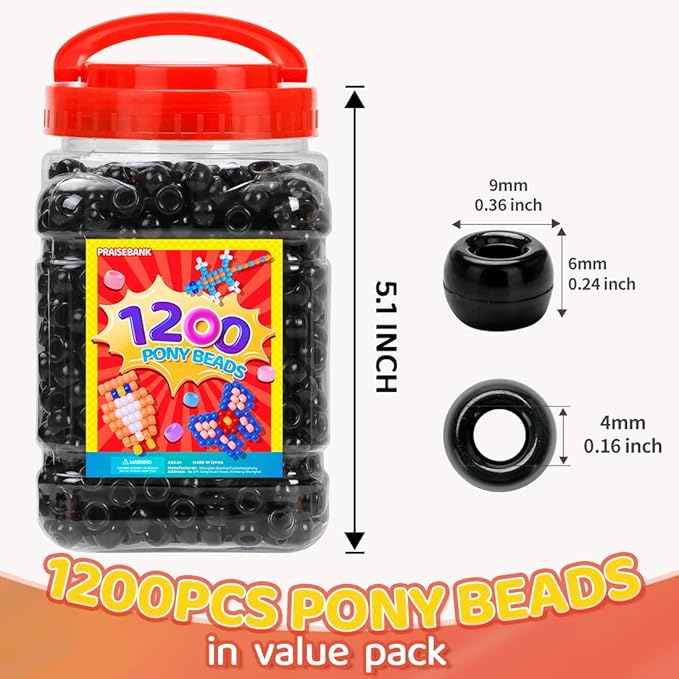 praisebank pony beads, 1200pcs 6x9mm, wholesale beads, bracelets jewelry making, arts & crafts(black)