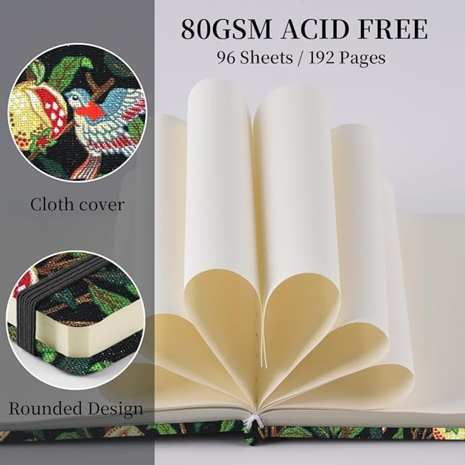 Square 4.8x4.8 inches 80gsm 96sheets/192 Pages Notebooks Blank Sketchbooks Travel Journal Pocket Hardcover Paint Writing Diary Memo Planner Cloth Cover. Pomegranate Bird