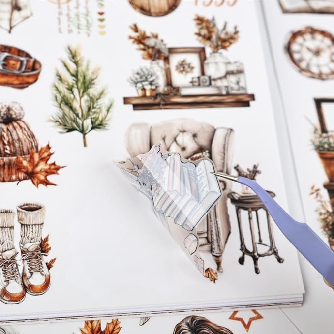 Afternoon Reading Sticker Book for Adults Journaling, 20 Diecut PET Washi Paper Scrapbook Stickers Sheets, Ephemera for Junk Journals Supplies, Scrapbooking, Collage, Bujo, A5