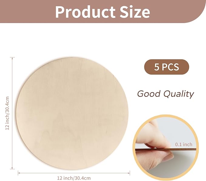 12 Inch Unfinished Wood Circles for Crafts, Wood Rounds Plaques for Cricut Crafts, Wooden Discs for Door Hanger Sign, Painting, Wood Burning, Christmas Home Décor(5Pcs Circle w/o Holes)