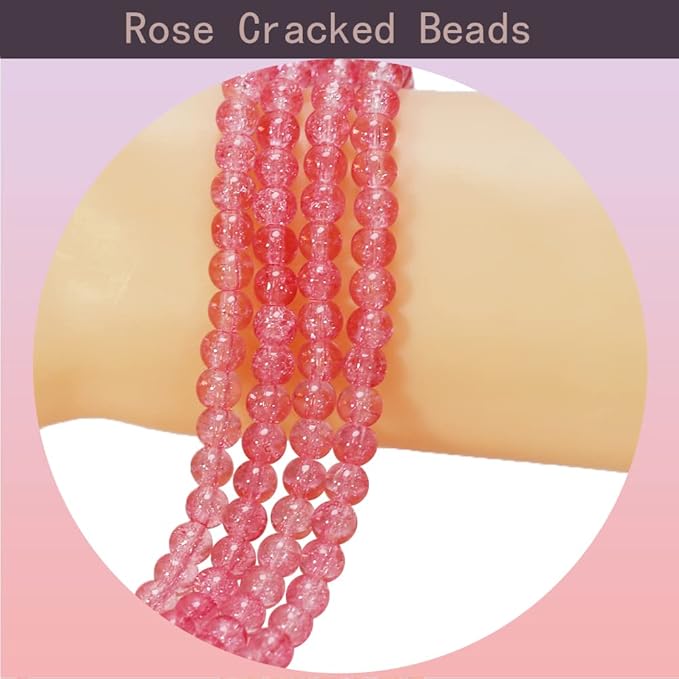 1050pcs Rose Crackle Glass Beads Handcrafted Round Lampwork Smooth Loose Beads for DIY Bracelet & Jewelry Making 6mm