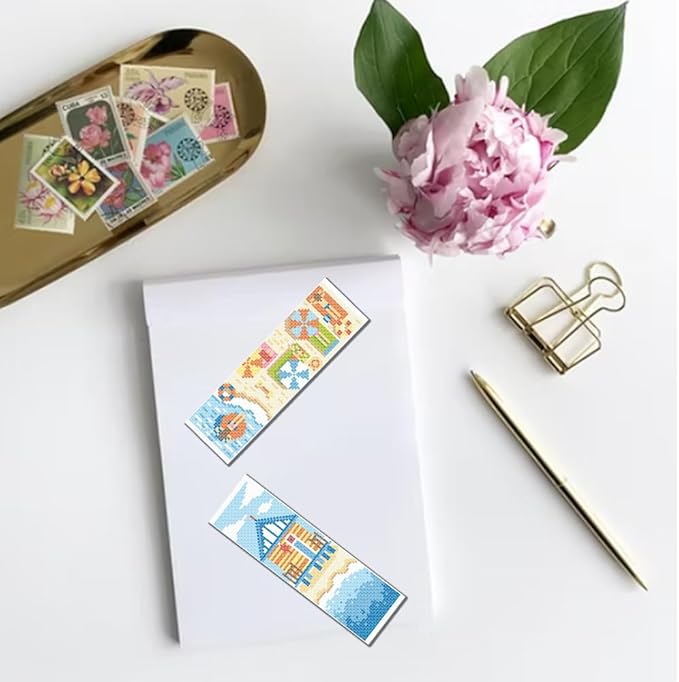 FREEBLOSS 6 PCS Cross Stitch Bookmark Kits for Beginner Summer Beach Scenery Stamped Cross Stitch Kit DIY Embroidery Bookmark Kit with Instructions 8'' x 2.4''