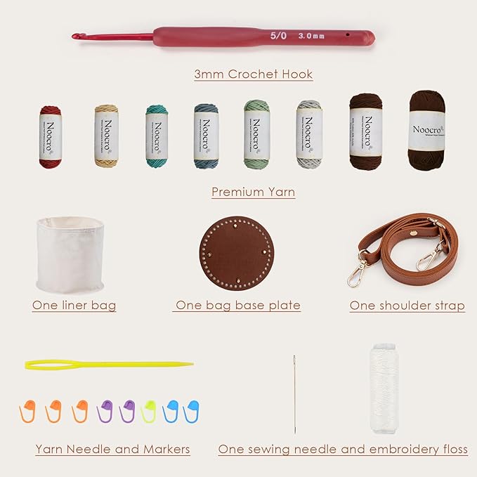 Noocro Crochet Kit for Advanced or Intermediate Beginner DIY Granny Square Bucket Bag, Purse with Step by Step Tutorial Video and Detailed Instruction Complete Kit Craft Holiday Gift (Chestnut)