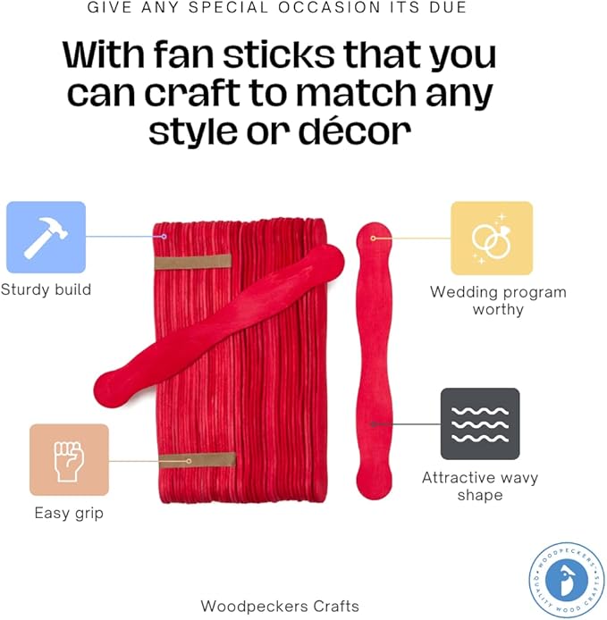 Wooden Red 8" Fan Handles, Wedding Programs, Paint Mixing, Pack 100, Jumbo Craft Popsicle Sticks for Auction Bid Paddles, Wooden Wavy Flat Stems for Any DIY Crafting Supplies Kit, by Woodpeckers