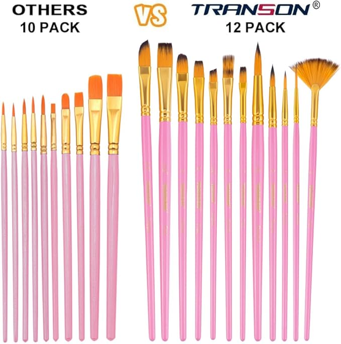 Transon Artist Paint Brush Set of 12 for Acrylic Watercolor Gouache Oil Craft Painting Pink