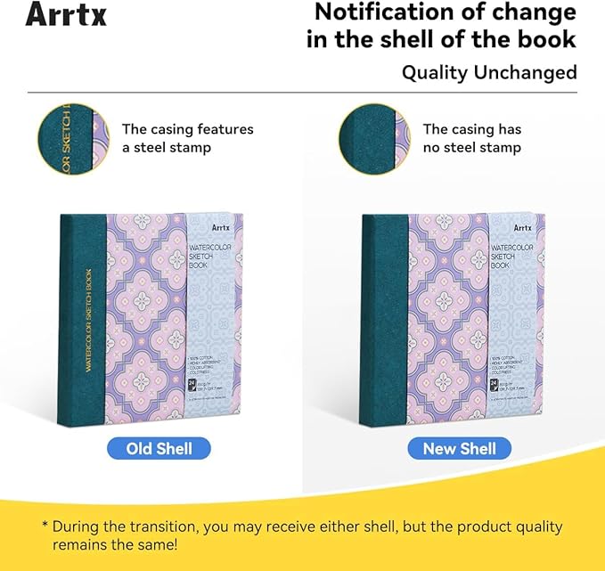 2 Pack Arrtx Square Watercolor Sketchbook, 5.47x5.47'', 140 LB, 300 GSM, 100% Cotton Paper, Cold Press, 48 Sheets, Hardcover Watercolor Journal for Use As Travel Notebook for Artists Adults Students