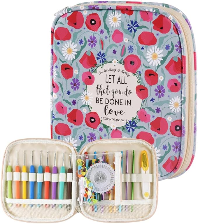 Crochet Hook Case,Portable Zipper Storage Organizer Bag for Crochet Hooks, Knitting Needles, Project & Sewing Supplies, Lightweight,Easy to Hold (No Accessories Included).Green Cartoon Flower