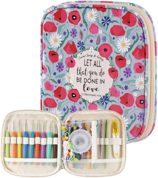 Crochet Hook Case,Portable Zipper Storage Organizer Bag for Crochet Hooks, Knitting Needles, Project & Sewing Supplies, Lightweight,Easy to Hold (No Accessories Included).Green Cartoon Flower