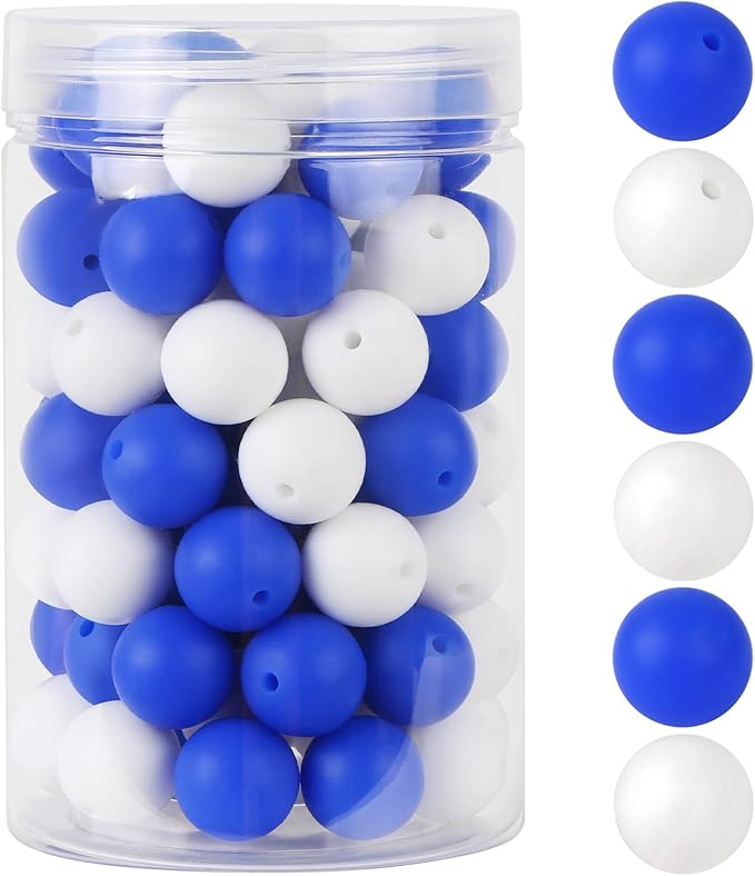 110 Pcs Silicone Focal Beads, EVERMARKET 15mm Silicone Beads for Keychain Making, Round Silicone Beads Bulk with Bottle, Rubber Loose Beads for Pens Crafts Necklace Bracelet Lanyard (Blue White)