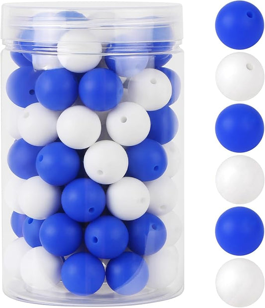 110 Pcs Silicone Focal Beads, EVERMARKET 15mm Silicone Beads for Keychain Making, Round Silicone Beads Bulk with Bottle, Rubber Loose Beads for Pens Crafts Necklace Bracelet Lanyard (Blue White)