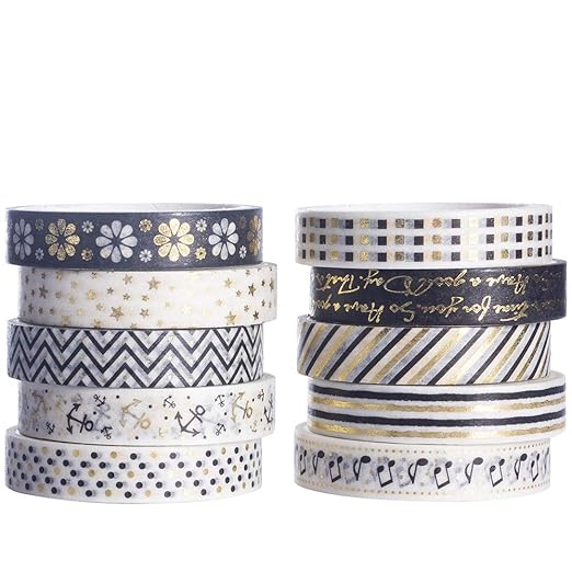 YUBBAEX 10 Rolls Sparkling Washi Tape Set 8mm Skinny Gold Foil Decorative Masking Washi Tapes for Journal,Scrapbook, Planner, DIY Crafts (Black & White)