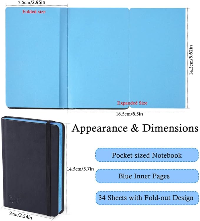 3.54" x 5.7" Blue Paper Sketchbook,34 Sheets Small Mixed Media Notebook,120 GSM Acid-Free Folding Colored Drawing Paper, Hardcover Journal Art Supplies Sketch Pad for Coloring Sketching