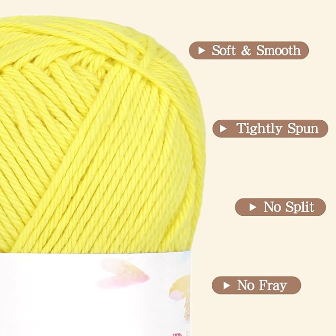 Katech Pure Cotton Yarn for Crocheting & Knitting–Soft Sport Weight CYC #2, 6 Skeins (50g Each, 300g Total), Ideal Crochet Yarn for Dishcloths, Baby Clothes, Socks, Lightweight Scarves（Soft Yellow）