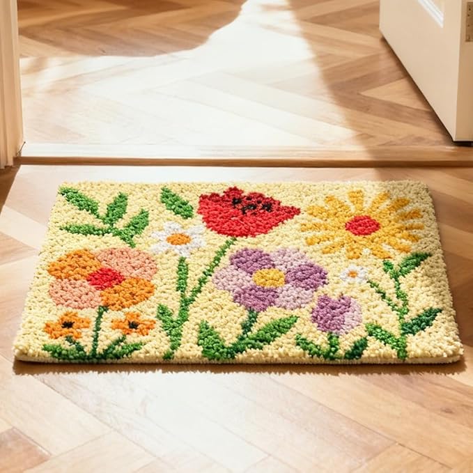 ORIGACH Simple Wildflower Latch Hook Rug Kit for Adults Printed Rug Making Kit Handmade Carpet Tapestry Cover with Hook Latch and Preprinted Canvas, Home Arts Crafts Sofa Decor, 20.5x15inch