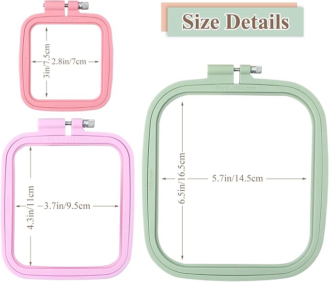 zocone 3pcs 3 size square embroidery hoops, abs plastic embroidery hoops cross stitch hoops embroidery frames for sewing, needlework, embroidery projects (size-3", 4.3", 6.5")