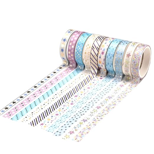 YUBBAEX 10 Rolls Sparkling Washi Tape Set 8mm Skinny Gold Foil Decorative Masking Washi Tapes for Bullet Journal,Scrapbook, Planner, DIY Crafts (Glittering Stars)