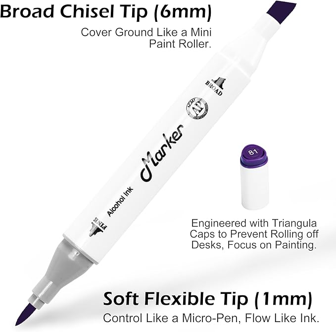 Purple Pink Alcohol Markers, 6 Pack Dual Tips Soft Fine Tip and Broad Tip Permanent Art Marker for Artists Adults Coloring Drawing Illustration Sketching Painting (Purple)