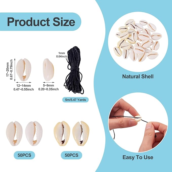 Cheriswelry 100pcs Shell Beads for Bracelet Making Cowrie Shells Spacer Beads Summer Beach Shell Oval Beads for DIY Necklace Jewelry Making with 5.46 Yard Waxed Cotton Thread Cords