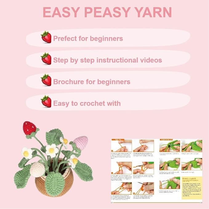 Crochet Set - Beginner Friendly Crochet Set with Step-by-Step Teaching Videos and Crochet Pattern Manuals (Strawberry Potted Plant)