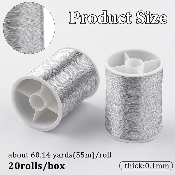 20 Rolls 1100M 0.1MM Thin Silver Metallic Thread Shimmer Christmas Glitter Embroidery Floss String Polyester Tinsel Cord Rope Spool Bulk for Jewelry Making Sewing Crafts Bracelets Beading