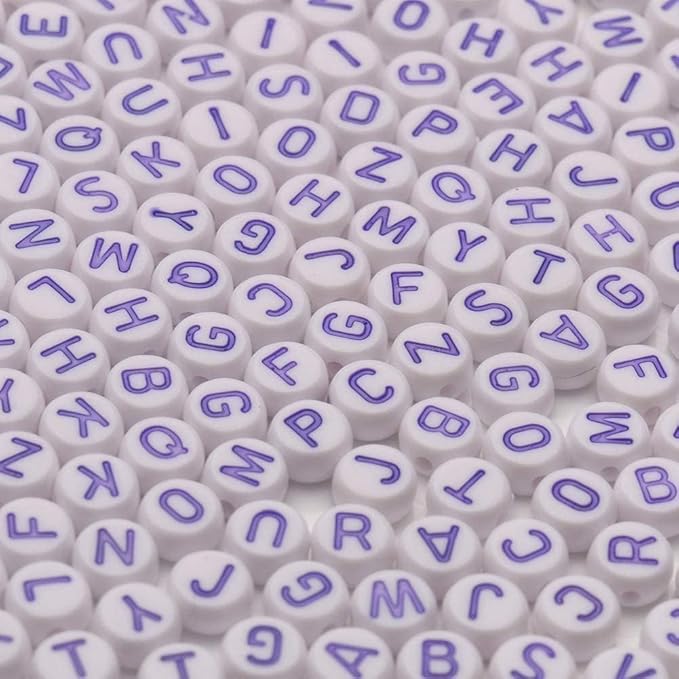 Xilitata Purple Letter Beads Alphabet Letters White Round Bead, 4x7mm 1200pcs, Flat Letter Beads Purple Friendship Bracelets Making Kit Beads for Bracelets Purple Beads with Box