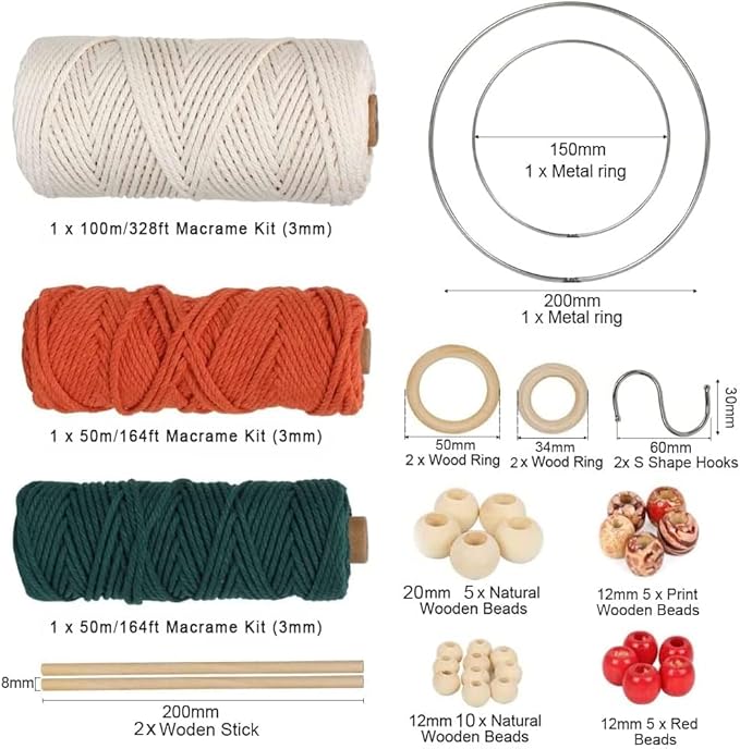 UHAPEER Macrame Kits for Adults Beginners, DIY Macrame Plant Hanger Kit and Macrame Supplies, with 3 mm Macrame Cord Cotton, Macrame Meads, Wooden Rings, Dream Catcher Rings, Craft Kits for Adults