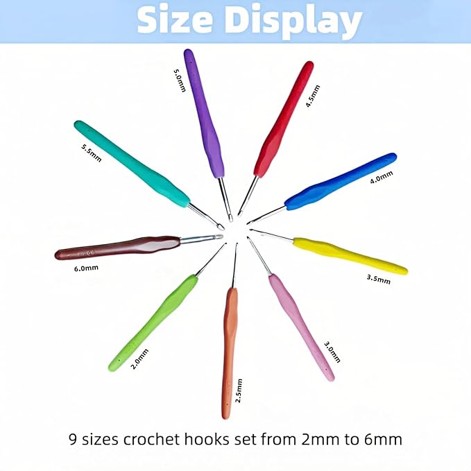 Crochet Hooks,Crochet Hook Set with Portable Case,Ergonomic Crochet Hooks with Soft Grip Handles,9 Sizes from 2mm-6mm,Crochet Kit for Beginners DIY Dolls Bags Clothes Handmade(Grey)