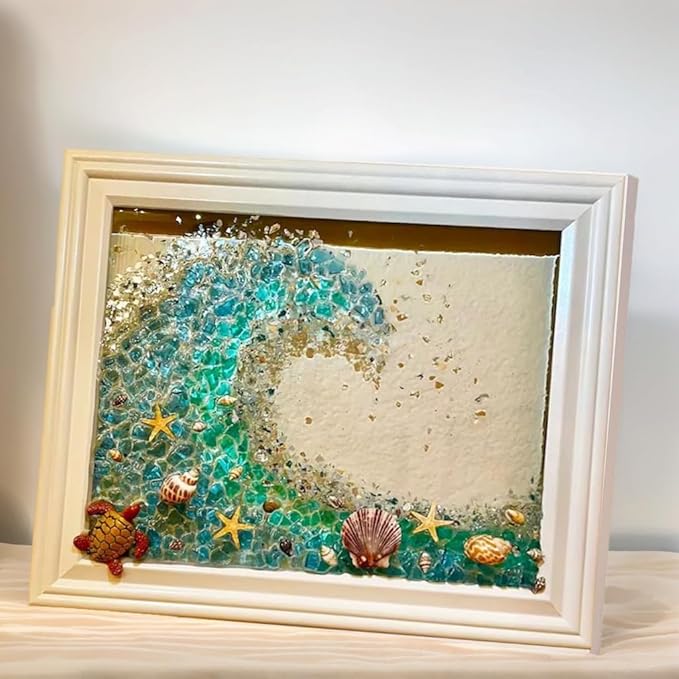 Sea Glass Art Kit, Mosaic Glass Photo Frame Set 9.5x7.5 Inch, Handcraft Style DIY Mosaic Craft Kits, DIY Resin Beach Art Kit for Home Decoration, Office, Bookshelf/Windowsill (Wave)