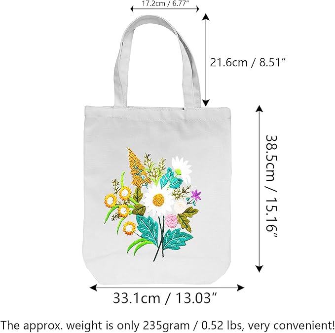 CREAWONDER Canvas Tote Bag Embroidery Kit with Pattern for Beginners, Arts and DIY Embroidery Crafts Kits for Adults, Include Instructions, Thimble, Embroidery Hoops, Color Threads and Tool