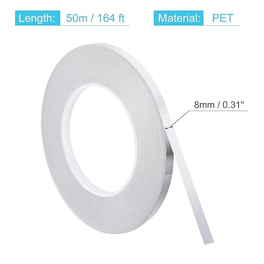 uxcell Metallic Tape, 0.31 in x 164 ft Self Adhesive Metalized Polyester Film Tape Waterproof Shiny Washi Tape for Walls Graphic Arts Gifts Wrapping Crafts Decoration, Gloss Silver