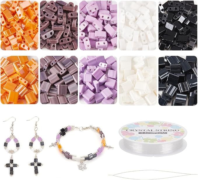 NBEADS About 500 Pcs Halloween Tile Bracelet Making Kit, Including Two Hole Glass Rectangle Beads, Big Eye Beading Needles, Elastic Thread for Bracelet Necklace Earring Jewelry Making