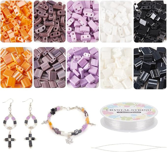 NBEADS About 500 Pcs Halloween Tile Bracelet Making Kit, Including Two Hole Glass Rectangle Beads, Big Eye Beading Needles, Elastic Thread for Bracelet Necklace Earring Jewelry Making