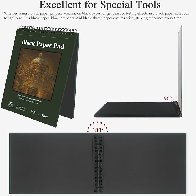 fuxi black sketchbook 11x14 inches, 60 sheets (90lb/150gsm), hard cover spiral bound | black paper pad for illustration & art class, professional artist sketch book for adults & students.