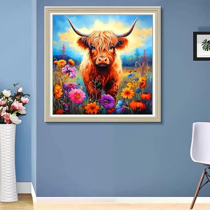 5D Cow Diamond Painting Art Kits for Adults Highland Cow DIY Diamond Painting Round Full Drill Art Craft Kits for Home Wall Decor Gifts 14x14inch