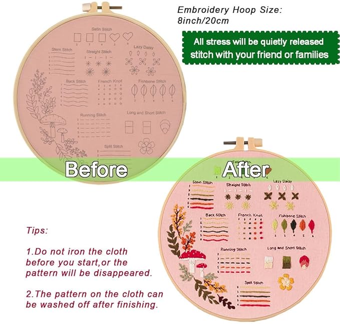 Sutesloly Hand Embroidery Kit for Beginners, 4 Sets Learn to Floral Patterns Simple Beginner Starter kit for Adults, 33 Stitches Easy Embroidery Practice Kit, 7.8inch Hoop, DIY Craft Gift for Women