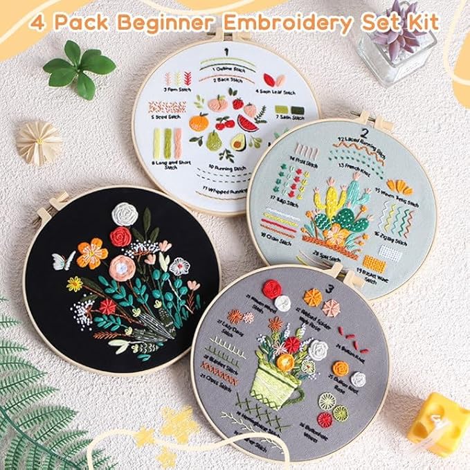 useamie 4 pack embroidery kit, adult cross stitch kit, suitable for embroidery beginners, with printed embroidery patterns, 7.9 inch embroidery hoop, complete with embroidery thread and needle tools