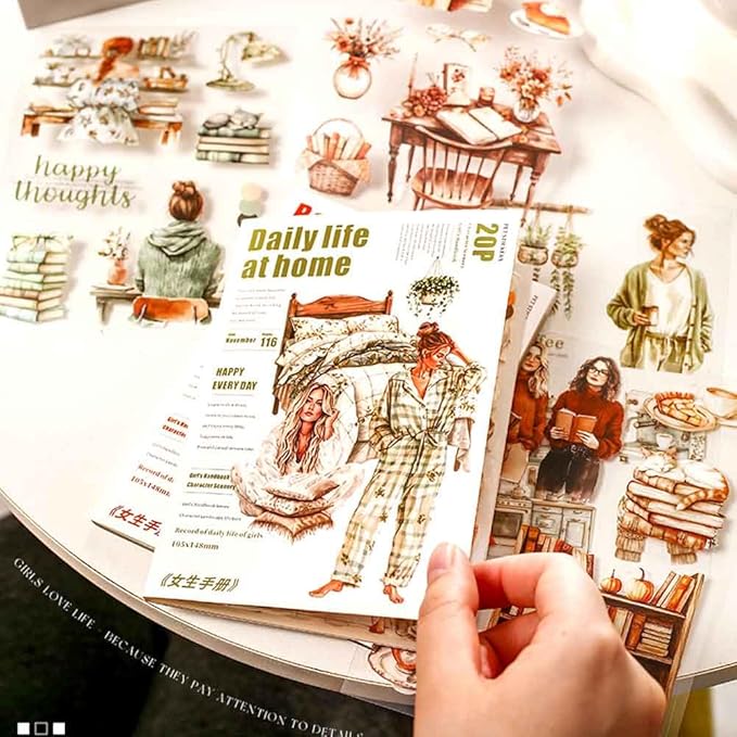 20 Sheets Daily Life Sticker Book for Journaling Supplies, Aesthetic Home Girl Sticker for Scrapboook Junk Journal, Die-Cut PET Stickers for Pre-Cut Ephemera, Bujo Planner Arts Craft
