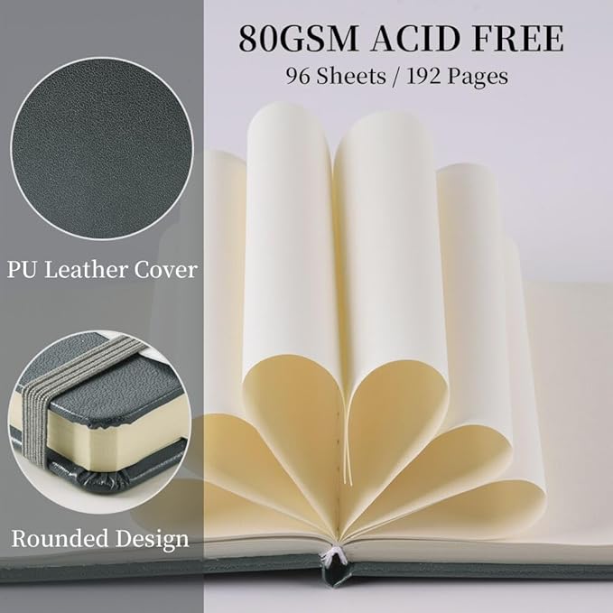 Square 5x5 inches 80gsm 96sheets/192 Pages Notebooks Blank Sketchbooks Travel Journal Pocket Hardcover Paint Writing Diary Memo Planner PU Leather Cover. Grey