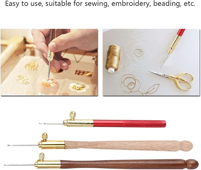 Tambour Embroidery Kit Tambour Hook 3Pcs Stainless Steel Wood Handle Embroidery Crochet Hooks Punch Needle with 9 Needles French Tambour Beading Sequins Sewing Craft Tool