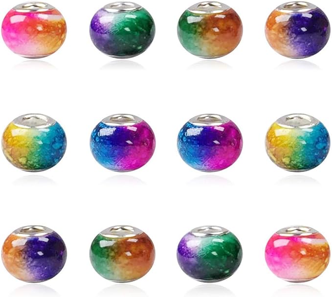 AIPRIDY 100Pcs 15x11mm Painting Murano Large Hole Glass Beads Mix Color with Silver Brass Cores European Charm fit Bracelet Necklace (Explosive Double Color Glass)