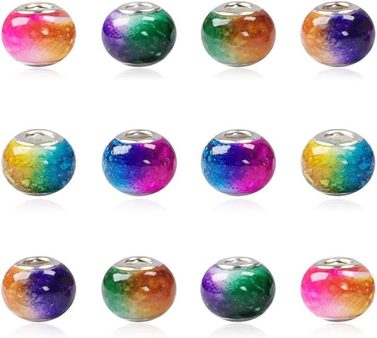 AIPRIDY 100Pcs 15x11mm Painting Murano Large Hole Glass Beads Mix Color with Silver Brass Cores European Charm fit Bracelet Necklace (Explosive Double Color Glass)