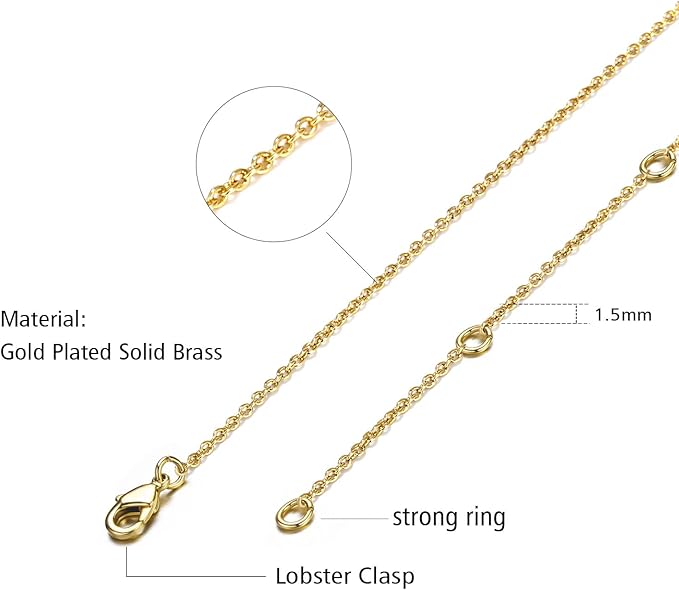wholesale 12 pcs 14k real gold plated solid brass thin o chain necklace 1 mm finished chain bulk for jewelry making, size 16" + 2" extender