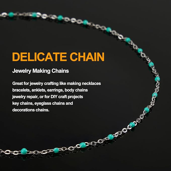 16.4 Feet Thin Stainless Steel Necklace Making Chains Bulk on Spool Turquoise Green Bead Chain for Crafts with Lobster Clasps Jump Ring Jewelry Findings