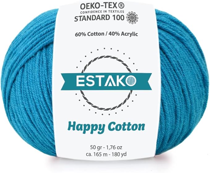 Estako Happy Cotton, 60% Cotton 40% Acrylic Yarn, Soft, Fine/Sport (2) for Crochet and Knitting 1.76 Oz (50g) / 180 Yrds (165m) (4240 - Dark Turquoise)