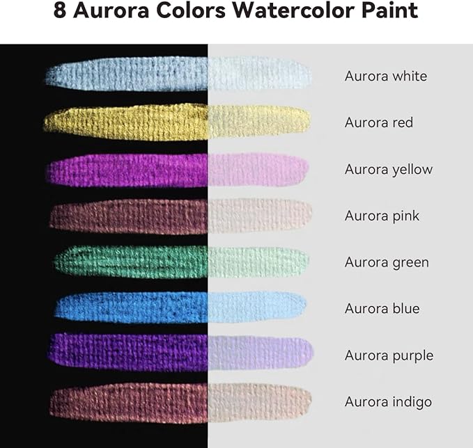 LIGHTWISH Metallic Waterolor Paints,8 Aurora Colors,Artist Glitter Solid Watercolors with 1 Water Brush Pen for Artists, Students and Beginners